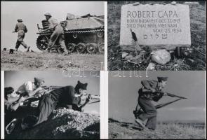 Robert Capa (1913-1954) (eredeti neve Friedmann Endre) magyar - francia fotóriporter felvételei, + hozzáadva a sírkövét megörökítő képet, 4 db modern nagyítás, jelzés nélkül, 10x15 cm