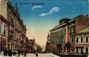 Chernivtsi, Czernowitz, Cernauti, Csernyivci (Bukovina, Bucovina, Bukowina); Rathausstrasse / city hall street, shops + "M. KIR. BUDAPESTI 29. HONVÉD GYALOGEZRED PARANCSNOKSÁG" (EB)