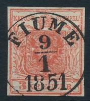 1850 3kr HP I. kiemelt középrész, lemezhiba "FIUME / 1851"