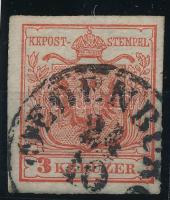 3kr HP Ia/I. cinóber, korai nyomat, élénk szín "OEDENBURG" Strakosch azonosítással, 3kr HP Ia/I. cinnabar red "OEDENBURG" identification by Strakosch