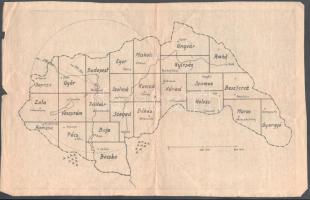 cca 1942 Magyarország légoltalmi körzeteinek térképe (rajta a visszacsatolt területekkel), kisebb lapszéli sérülésekkel, 23x36 cm