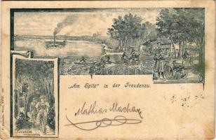 1898 (Vorläufer) Wien, Vienna, Bécs; Am Spitz in der Freudenau / excursion site, bicycles. F. Kuranda Art Nouveau (EB)
