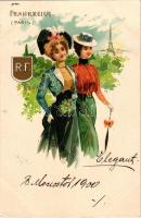 1900 Paris, ladies, Eiffel Tower. litho (Rb)