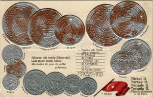 Türkei II. - Münzenkarte und Nationalflagge / Turkish coins and flag. Embossed, litho