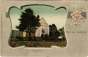 Zlaté Hory, Cukmantl, Zuckmantel; Rochuskirche / church. Verlag A. Walzel Art Nouveau, floral frame (worn corners)