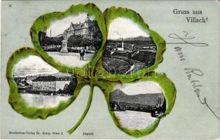 1904 Villach (Kärnten), Postkarten-Verlag Brüder Kohn Wien I. Art Nouveau, litho frame with clovers (EK)
