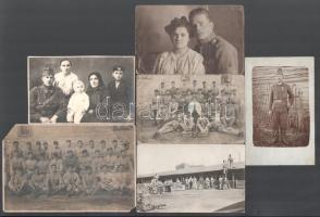 cca 1910-1940 Tűzoltókat és katonákat ábrázoló fotók (össz. 6 db): 3 db tűzoltó csoportkép, a hátoldalon feliratozva + 3 db katonákat ábrázoló fotólap. Vegyes állapotban, 13,5x8,5 cm és 17x11 cm között