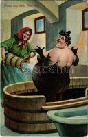 Gruss aus dem Moorbad / fat woman in the mud bath, mud spa, humour s: Arthur Thiele (kopott sarkak / worn corners)