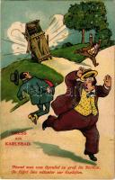Karlovy Vary, Karlsbad; Nimmt man vom Sprudel zu Gross die Portion, so führt dies mitunter zur Explosion. L.W.K. 2112. / toilet humour, litho (apró lyuk / tiny pinhole)