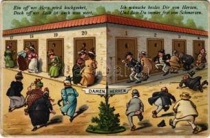 Ein off'nes Herz wird hochgeehrt, doch off'ner Leib ist auch was wert, Ich wünsche beides Dir von Herzen, unda dass Du immer frei von Schmerzen, Damen, Herren / toilet humour (EB)