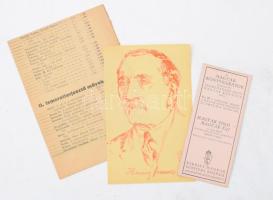 1933 Maradandó értékű és jó kiállítású művek fillérekért, könyvárjegyzék, kétoldalas, 41x29 cm + A Kir. Magy. Pázmány Péter Tudományegyetem könyvtárának kölcsönzőjegye, a K. M. Egyetemi Nyomda reklámjával + Herczeg Ferenc írót ábrázoló nyomat, hajtásnyommal, 26x12 cm