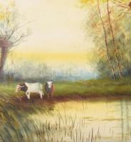 Jelzés nélkül: Tehenek a vízparton. Akvarell, selyem, paszpartuban. 22,5x35 cm