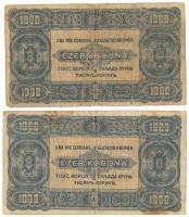 1923. 1000K "B 50 548349" nyomdahely jelölés nélkül + 1923. 1000K piros "8 FILLÉR - N...