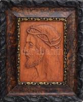 Szenvedő Jézus faragott reflief, jelzett, díszes keretben, 23x17 cm