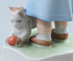 Zsolnay macskával labdázó kendős kislány. Jelzett, kézzel festett, kis kopással, m: 14,5 cm