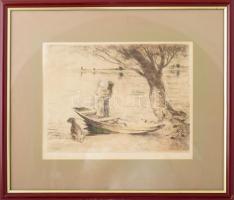 Szőnyi István (1894-1960): Várakozás, színezett rézkarc, papír, jelzett, üvegezett fakeretben, 23×30...