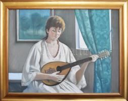 Mácsai István (1922- 2005): Leány mandolinnal. Olaj, vászon, jelezve balra lent. Dekoratív, fakeretben, 80×60 cm / Oil on canvas, signed, framed, 60×80 cm