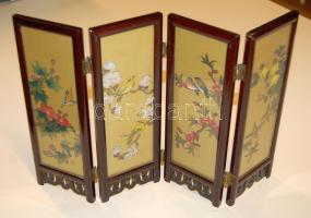 XIX. sz vége: Japán miniparaván kézzel festett, mesterjegyes selyemképekkel / Japaneese mini-paravan with hand painted silk-pictures 37x25 cm