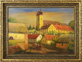 Réti Mátyás (1922-2002): Tihanyi utca. Olaj, farost, jelezve jobbra lent, a hátoldalán autográf felirattal és Zichy Galéria címkéjével. Dekoratív fakeretben, 50×70 cm