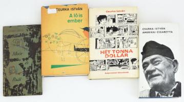 Csurka István 4 könyve: Amerikai cigaretta. Bp., 1978, Magvető. Kiadói egészvászon-kötés, kissé sérült kiadói papír védőborítóban. + Hét tonna dollár. Bp., 1971, Szépirodalmi Könyvkiadó. Kiadói egészvászon-kötés, kiadói papír védőborítóban. + A ló is ember. Bp., 1968, Szépirodalmi Könyvkiadó. Kiadói egészvászon-kötés, sérült kiadói papír védőborítóban. + Moór és Paál. Bp., 1965, Magvető. Kiadói egészvászon-kötés, sérült gerinccel.