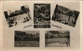 Budapest XVI. Cinkota, strand, fürdőzők, hátoldalán Bencsik János vendéglős reklámja (fl)