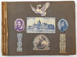 34db-os inflációs Pengő bankjegytétel albumba ragasztva (17xklf, mindenből 2db), további Pengő bankjegyekről kivágott díszítő motívumokkal