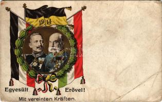 1914 Egyesült Erővel! Első világháborús osztrák-magyar és német katonai propaganda zászlókkal és II. Vilmos és Ferenc József arcképével / Mit vereinten Kräften / WWI K.u.k. and German military propaganda, Viribus Unitis, Franz Joseph and Wilhelm II, flags (EB)
