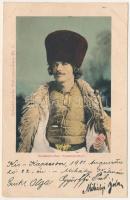1901 Romänischer Schafzüchter. Siebenbürgische Volkstypen-Karte Nr. 5. / Román népviselet Erdélyből / Romanian folklore from Transylvania (ázott / wet damage)
