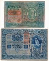Ausztria 1919. (1902) 1000K, függőleges "DEUTSCHÖSTERREICH" felülbélyegzéssel, "1907 01583" mindkét oldal német + 1919. (1912) 100K mindkét oldal német, piros "DEUTSCHÖSTERREICH" felülbélyegzéssel T:F Austria 1919. (1902) 1000 Kronen, with vertical "DEUTSCHÖSTERREICH" overprint, "1907 01583" both sides in german + 1919. (1912) 100 Kronen with horizontal "DEUTSCHÖSTERREICH", both sides in german C:F
