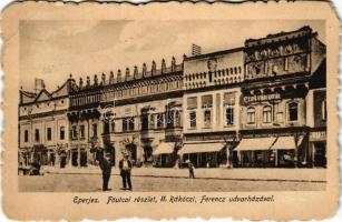 1918 Eperjes, Presov; Fő utcai részlet, II. Rákóczi Ferenc udvarházával, üzletek, cipőgyári raktár. Stehr féle könyvkereskedés kiadása / square, shops, mansion of Francis Rákóczi II. (EB)