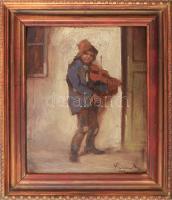 Olvashatatlan (Varga I?) jelzéssel: Hegedülő fiú. Olaj, karton. 26x22 cm. Dekoratív fakeretben.