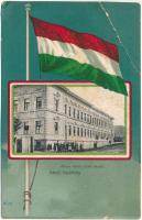 Kézdivásárhely, Targu Secuiesc; Állami elemi fiú iskola, montázs magyar zászlóval / boys' school, montage with Hungarian flag (szakadás / tear)