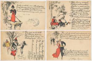6 db RÉGI (1905 előtti) romantikus művészlap szerelmespárokkal, egy sorozatból / 6 pre-1905 romantic art postcards with couples in love (from series Schmidt Edgar No. 174.)