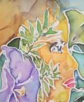 Kelemen Éva (1958-): Virágok közt. Akvarell, selyem, jelzett, üvegezett fakeretben, 46×41 cm