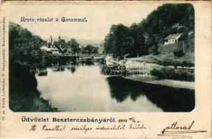 1901 Besztercebánya, Banská Bystrica; Urpin részlet a Garammal, híd. Lechnitzky O. fénynyomdája 51. sz. / Hron riverside, bridge + "ZÓLYOM-BREZÓ - ZÓLYOM 97. SZ." vasúti mozgóposta bélyegző "BESZTERCZEBÁNYA-SZT. JÁNOS" pályaudvar bélyegző (kis szakadások / small tears)
