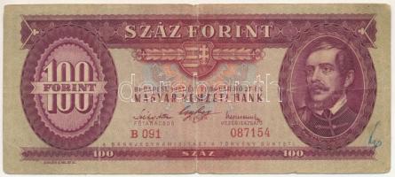 1947. 100Ft "B 091 087154" T:F-VG, hajtások mentén elvékonyodott papír, kis tollas firka Adamo F27