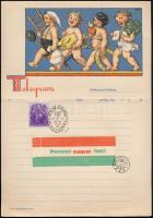 1938 Szlovák dísztávirat lap, Pozsony magyar lesz felülragasztással és Komárom visszatért bélyegzéssel. 1938 Slovak decorative telegram sheet, Bratislava becomes Hungarian overprint and Komárom returned cancellation.