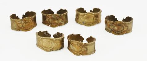 Szecessziós bronz 6 darabos szalvétagyűrű szett, h: 5,5 cm