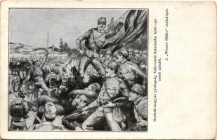 Osztrák-magyar gyalogság Valjevonál hatalmába kerít egy szerb zászlót. A "Wiener Bilder" csataképei / WWI Austro-Hungarian K.u.K. military art postcard, capture of a Serbian flag near Valjevo. Wiener Rotophot Serie Nr. 26. (EB)
