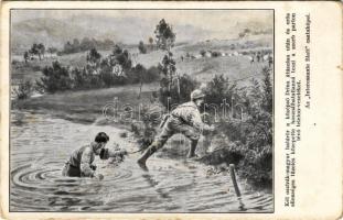 Két osztrák-magyar határőr a középső Drina átúszása után és erős ellenséges tüzelés közepette használhatatlanná teszi a szerb parton lévő telefonvezetéket. Az "Interessante Blatt" csataképei / WWI Austro-Hungarian K.u.K. military art postcard, border guards render the telephone line on the Serbian coast unusable. Wiener Rotophot Nr. 9. (fl)