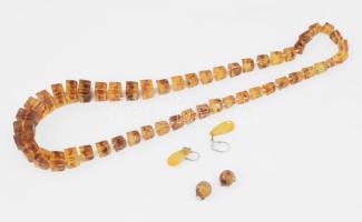 Borostyán utánzat ékszer szett: nyaklánc + két pár fülbevaló, az egyik klipszes