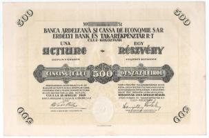 Románia / Kolozsvár 1929. "Erdélyi Bank és Takarékpénztár Kolozsvár" részvénye 500L-ről szárazpecséttel, szelvényekkel T:F Romania / Cluj 1929. "Transylvania Bank and Savings Bank Cluj-Napoca" share about 500 Lei, with embossed stamp and coupons C:F