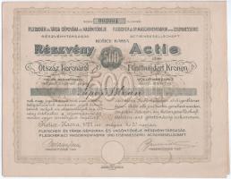 Csehszlovákia / Kassa 1921. "Fleischer és Társa Gépgyára és Vasöntödéje Részvénytársaság" részvénye 500K-ról szárazpecséttel, szelvényekkel T:XF / Czechoslovakia / Kosice 1921. "Fleischer and Co. Machine Factory and Iron Foundry Share Company" share about 500 Korona with embossed stamp and coupons C:XF