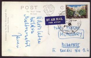 1956 Képeslap a melbournei olimpiáról Parti János kenus olimpiai ezüstérmes aláírásával