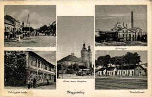 Nagysurány, Surany; mozaiklap 5 képpel: Fő utca, római katolikus templom, cukorgyár, iparvasút, iroda, vasútállomás / main street, Roman Catholic church, sugar factory, office, industrial railway, railway station (EB)