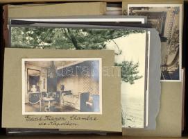 Kb. 100 db MODERN külföldi város képeslap és fotó kartonra ragasztva, dobozban / Cca. 100 modern foreign town postcards and photoes glued on cardboards in box