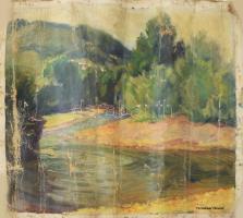 Toroczkai (Toroczkay) Oszvald (1884-1951): Vízparti táj. Olaj, vászon, jelzett, hátoldalán M. kir. Bocskay István 11. Hajdú Ezred Tiszti Étkezdéjének címkéjével (Debrecen, 1930-40 körül), sérült, vakráma nélkül, feltekerve, 60×68 cm