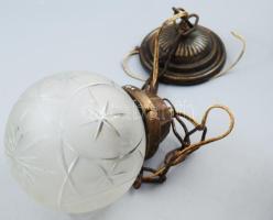 Régi függőlámpa, csiszolt és savmaratott búrával, d: 14 cm