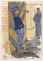 1900 Ha kiállok a kaszárnya kapuba...Egyedi, kézzel festett magyar katonai művészlap / Austro-Hungarian K.u.k. military, hand painted art postcard (ragasztónyomok / glue marks)