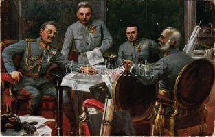 Haditanácskozás Boroszlóban. Vilmos császár, a trónörökös, Frigyes főherceg és Hötzendorfi Conrad / Kriegsrat in Breslau. Kaiser Wilhelm, Erzherzog-Thronfolger, Erzherzog Friedrich und Conrad von Hötzendorf / War Council in Wroclaw. Rotophot Nr. 686. s: Geiger (kopott sarkak / worn corners)